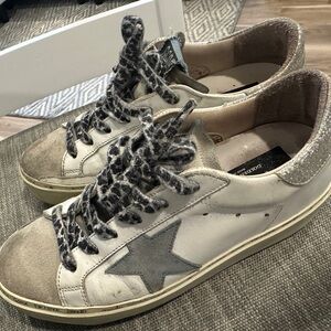 Golden Goose White and Gray Sneakers with Leopard Print Laces